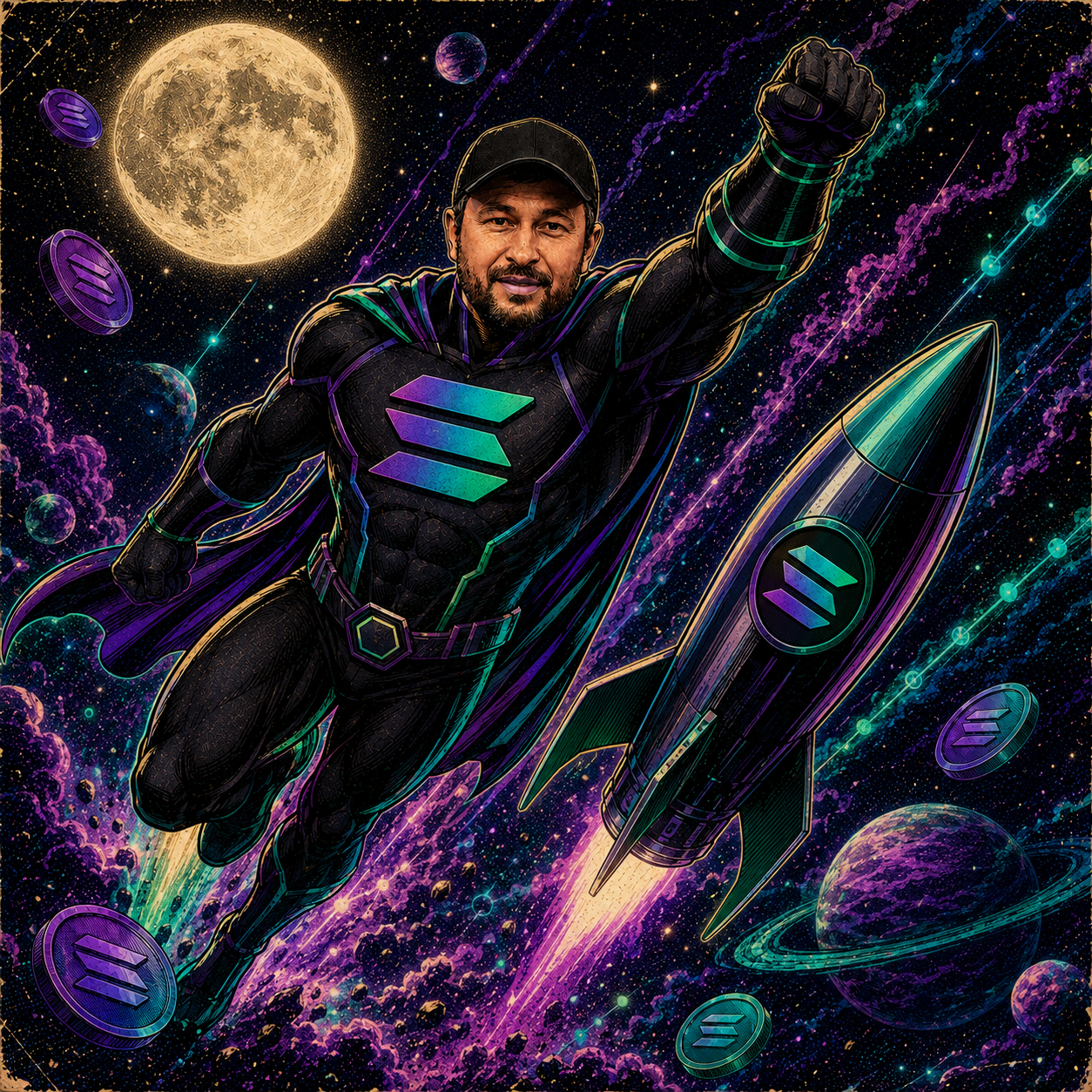 Solana Man flying through space